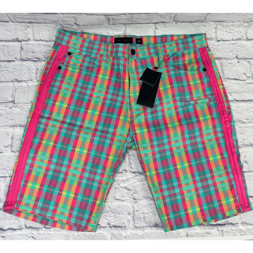 Decibel Men's Size 40 Pink Aqua Plaid Cotton Stretch Shorts NWT